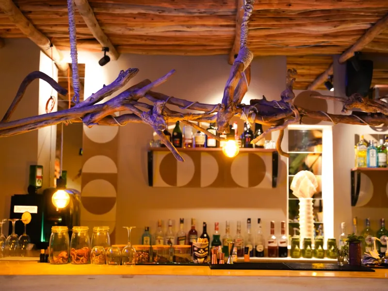 Bar en bois flotté et sélection de bouteilles à La Coupole