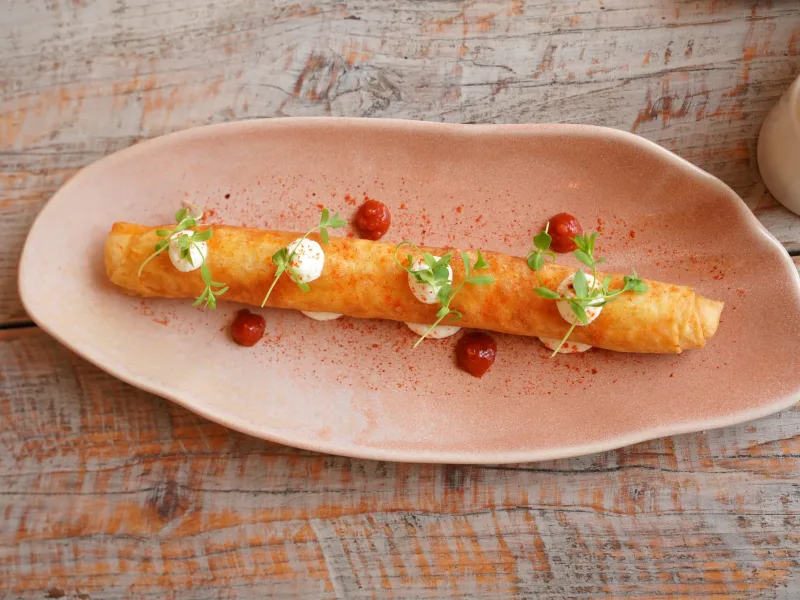 Cigares au saumon dressés sur une assiette couleur corail à La Coupole