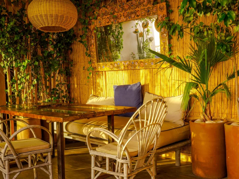 Salon en rotin et plantes tropicales dans la salle de La Coupole à Essaouira